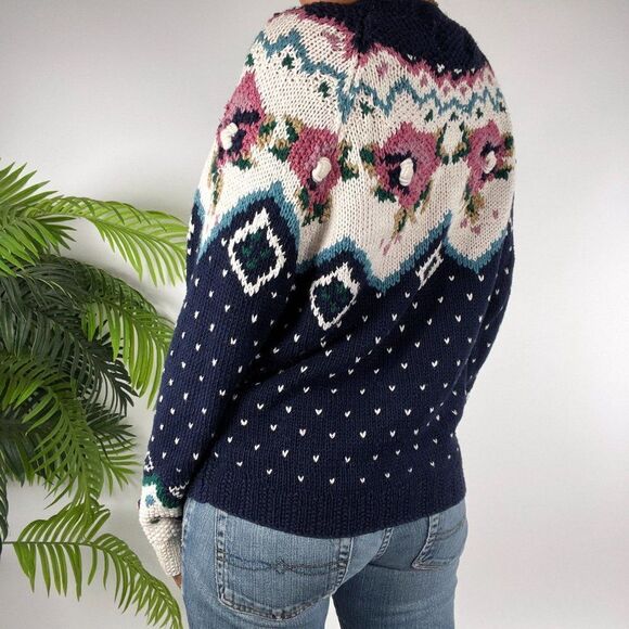 Vintage 90s Blue Floral Cottagecore Soft Girl Grandma Knit Sweater Cardigan / M - Picture 2 of 7